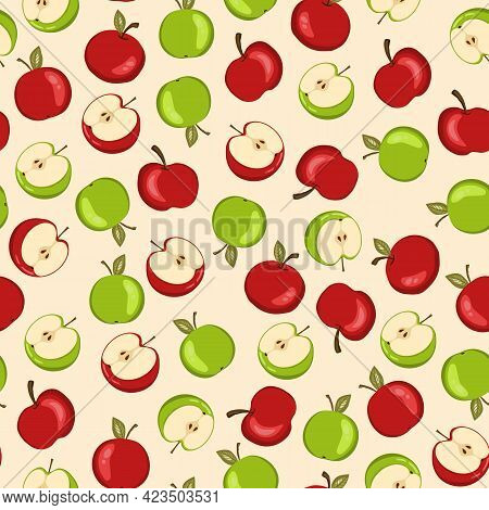 Seamless Pattern With Apple On White Background. Natural Delicious Fresh Ripe Tasty Fruit. Vector Il