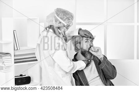 First Symptoms. Covid 19. Diagnosis Of Pneumonia. Sars Concept. Doctor Protective Equipment Examines