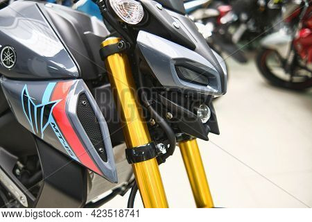 Lima, Peru - June 12, 2021: Motorcycles In The Showroom Yamaha Shop. New Motorbikes And Accessories 