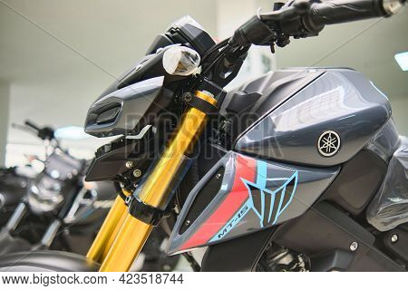 Lima, Peru - June 12, 2021: Motorcycles In The Showroom Yamaha Shop. New Motorbikes And Accessories 