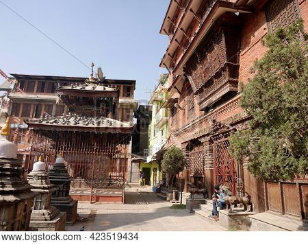 Manjushree Saraswati Hindu Temple In Center Of Thamel Bazaar Market City For Nepali People And Forei