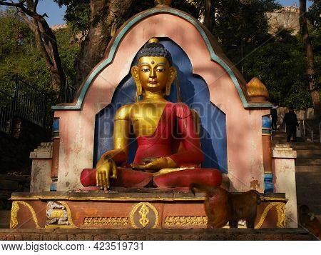 Buddha Statue Nepalese Style At Swayambhunath Pagoda Or Swayambu Chedi Or Swoyambhu Stupa Or Monkey