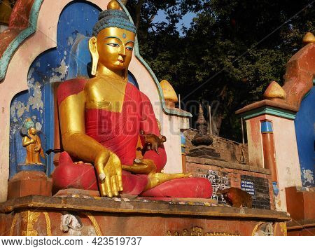 Buddha Statue Nepalese Style At Swayambhunath Pagoda Chedi Or Swoyambhu Stupa Or Monkey Temple For N