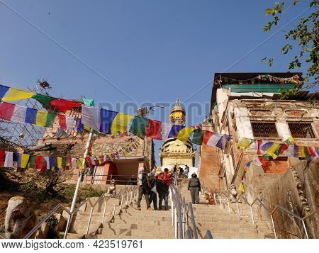 Stairs Way For Nepali People And Foreign Traveler Walking Up To  Swayambhunath Pagoda Or Swayambu Or