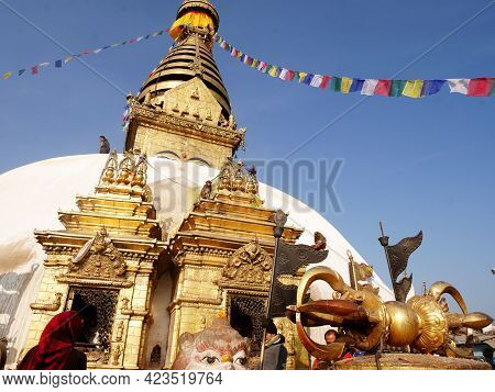 Swayambhunath Pagoda Or Swayambu Chedi Or Swoyambhu Stupa Or Monkey Temple And Eyes Of Lord Buddha F