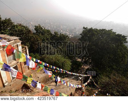 Stairs Way For Nepali People And Foreign Traveler Walking Up To  Swayambhunath Pagoda Or Swayambu Or