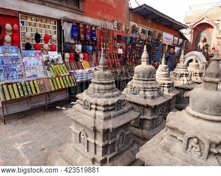 Small Stone Stupa Chedi At Swayambhunath Pagoda Or Swayambu Or Swoyambhu Or Monkey Temple For Nepali