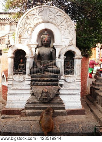 Buddha Statue Nepalese Style At Swayambhunath Pagoda Or Swayambu Chedi Or Swoyambhu Stupa Or Monkey