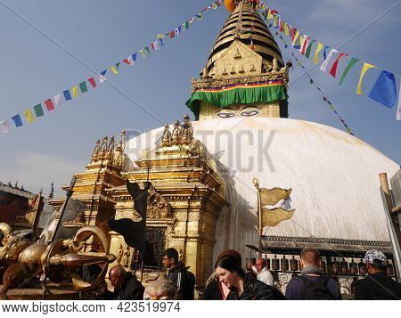 Swayambhunath Pagoda Or Swayambu Chedi Or Swoyambhu Stupa Or Monkey Temple And Eyes Of Lord Buddha F