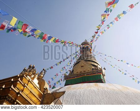 Swayambhunath Pagoda Or Swayambu Chedi Or Swoyambhu Stupa Or Monkey Temple And Eyes Of Lord Buddha F