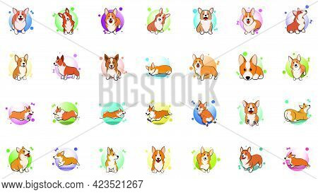 Icon Set Of Cute Cartoon Vector Illustration Of A Corgi Puppy Dog.