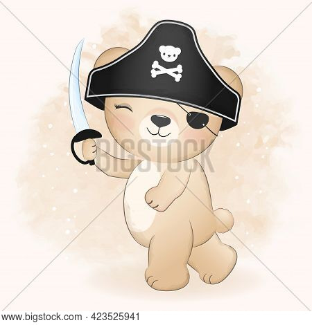 Cute Pirate Bear Hand Drawn Cartoon Animal Watercolor Illustration