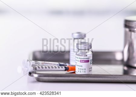 Thailand - June 5 , 2021 Close Up Of Astrazeneca Vaccine Vials Bottles For Can Help Stop Pandemic , 