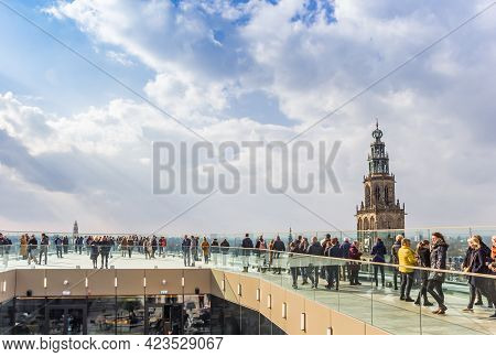 Groningen, Netherlands - March 07, 2020: People Enjoying The View On The Top Floor Of The Forum In G