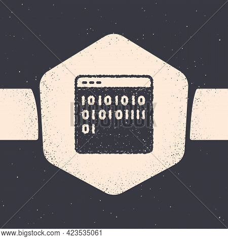 Grunge Binary Code Icon Isolated On Grey Background. Monochrome Vintage Drawing. Vector