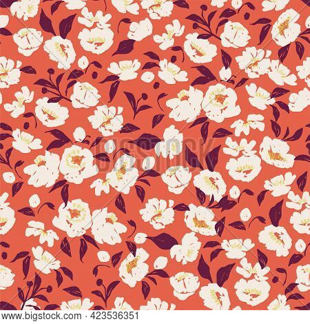 Hand-drawn Pen Brush Textured Flower And Leaf Illustration Motif Seamless Repeat Pattern Digital Fil