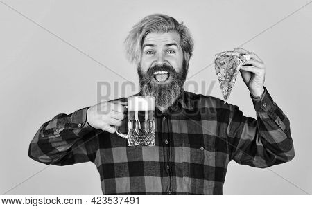 Love At First Slice. Fresh And Hot. In Mood For Italian Food. Man Bearded Hipster Hold Pizza. Pizza 