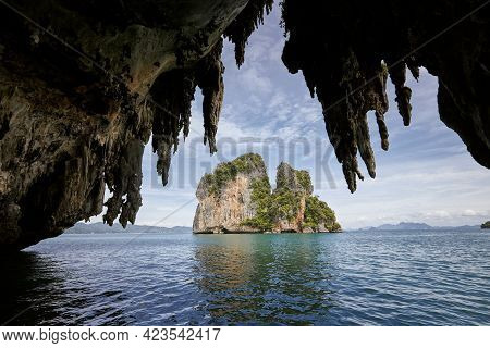 View From Carst Cave On Tropical Island. Beautiful Seascape Near Krabi, Thailand.