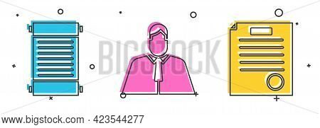 Set Decree, Paper, Parchment, Scroll, Lawyer, Attorney, Jurist And The Arrest Warrant Icon. Vector