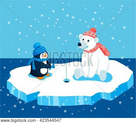 Penguin And Polar Bear Catch Fish On Ice In The Sea On Fishing Rod. Cute Animals In Hats And Scarves