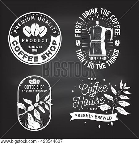 Set Of Coffe Shop Logo, Badge Template On The Chalkboard. Vector. Typography Design With Coffee Make