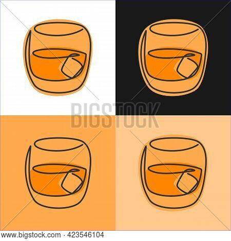 One Line Drawing Whiskey Glass On Various Background. Four Types Of Images. Colored Cartoon Graphic