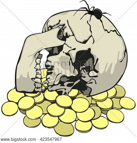 Vector Of Golden Coins And Human Skull With Big Spider On Forehead