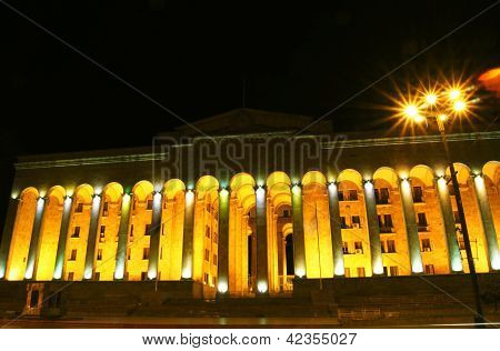 Night View Of Tbilisi Old Town With Ancient Churches, Castle And President Palace