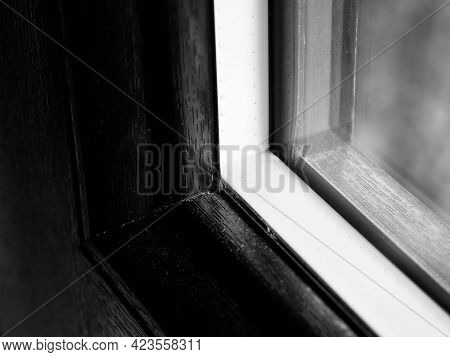 Monochrome Image, Pvc Wood  Imitation Front Door With Thermoinsulated Glass Close Up Shot.