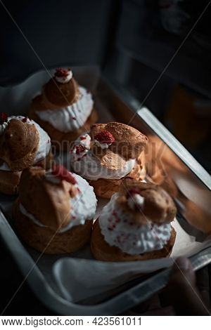 Strawberry Choux Cream. Combination With Choux Pastry Whipped Cream Fresh Strawberries
