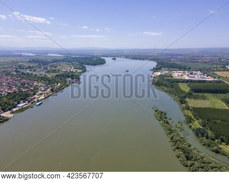 Aerial View Of Town Of Calafat At The Coast Of Danube River, Dolj Region, Romania