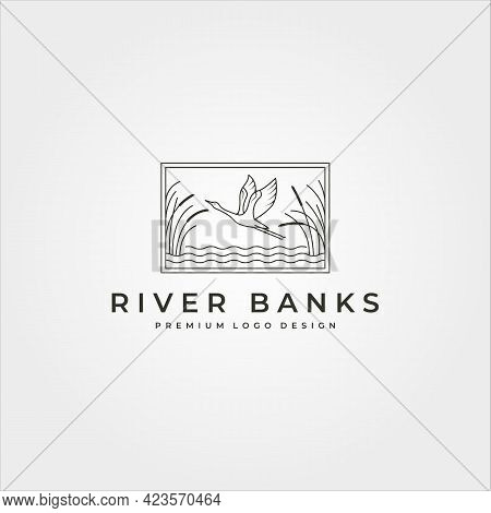 Vector Of Goose In River Plant Logo Design, Line Art Flying Swan Logo Design