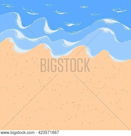 Sandy Ocean Shore For Wallpaper Design. White Foam Wave Sandy Seashore Top View.  Beach Sand Sea Wat