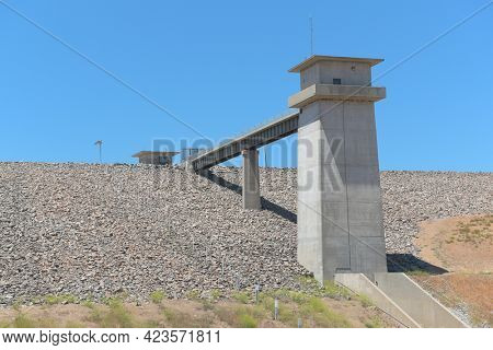 BREA, CALIFORNIA - 9 JUN 2021: The Carbon Canyon Dam, was constructed in 1959 as a response to Orange Countys growth and its need for flood control.