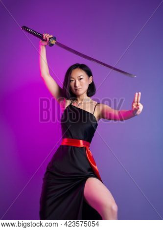 Slender Asian Woman In A Black Dress With A Katana In Her Hand Image Of A Samurai On A Neon Backgrou