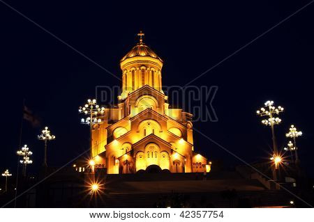 Night View Of Tbilisi Old Town With Ancient Churches, Castle And President Palace