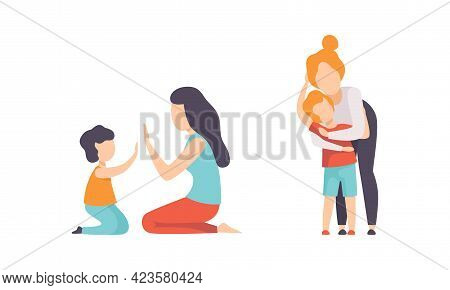 Parents And Their Kids Having Good Time Together Set, Mom Playing Patty Cake And Hugging Son Flat Ve