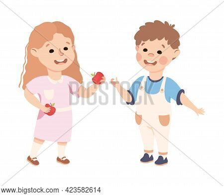Kind And Fair Little Girl Sharing Apple With Her Agemate Vector Illustration