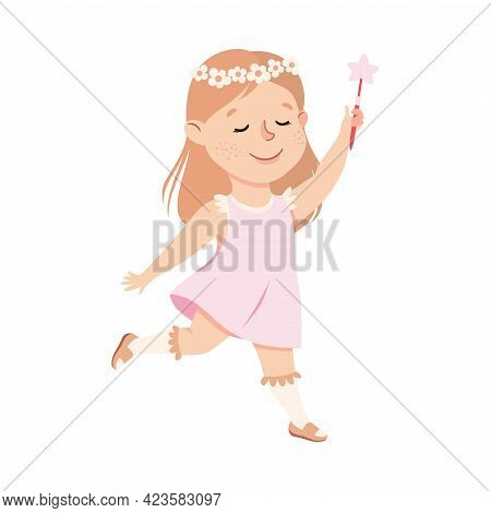 Cute Girl In Pink Dress And Wreath Of Flowers Running With Magic Stick, Adorable Kid Leisure Activit