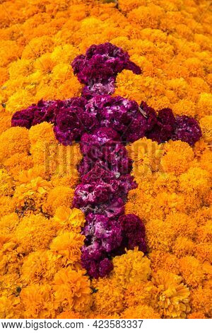 Yellow Orange Marigold And Pink Celosia Mexican Flower Of The Day Of The Dead
