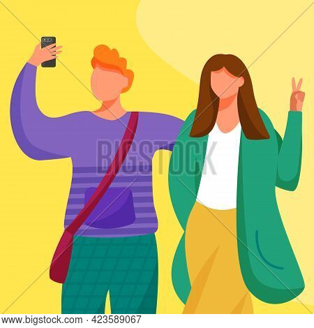 Boy And Girl Taking Self Photo Flat Vector Illustration. Capturing Great Moments Of Life. Young Boyf