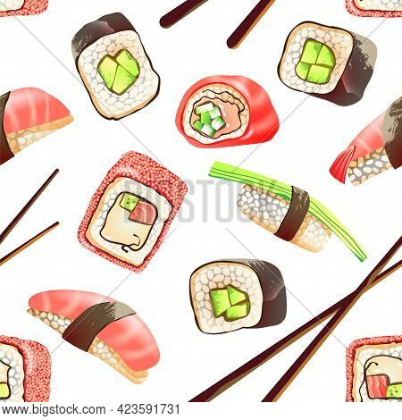 Vector Illustration Of Sushi, Rolls, Food Sticks - Seamless Pattern