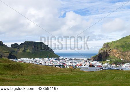 Heimaey Town Aerial View From Eldfell Volcano.