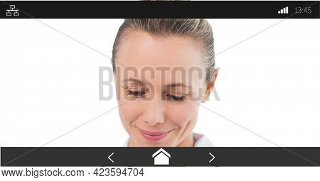 Composition of female doctor smiling on digital image interface screen. medical and healthcare services communication digital interface concept digitally generated image.
