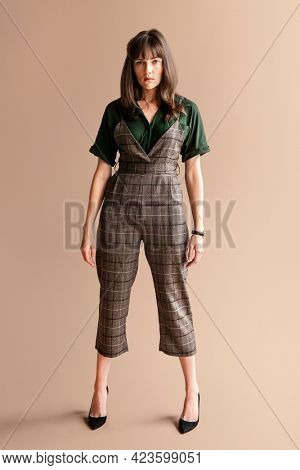 Model in a plaid jumpsuit mockup