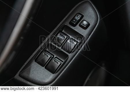 Novosibirsk, Russia - June 08, 2021: Toyota Rav-4, Interior Of Modern Car. Side Door Buttons: Window