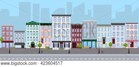 Flat Vector Illustration Of Summer City Street With Walk-up Residential Apartment Buildings, Houses,
