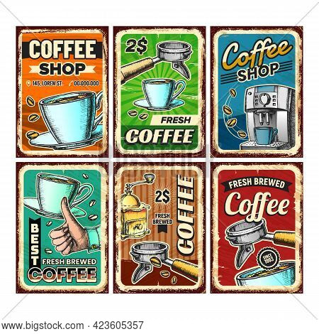 Coffee Shop Creative Advertise Posters Set Vector. Energy Drink Cup And Roasted Beans, Coffee Machin