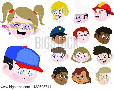 Big Vector Pack Of 14 Faces Of Kids Of Different Gender Race And Professions. Cute And Adorable Chil