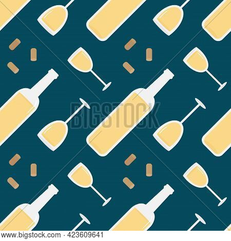 Vector Seamless Pattern Background With Bottles And Glasses Of White Wine.